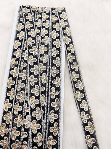 Wholesale Black Net Lace Floral Embroidery & Glitter Gold Sequins, Indian Wedding Border, Gifting Ribbon Costume Trim Fashion Trimming